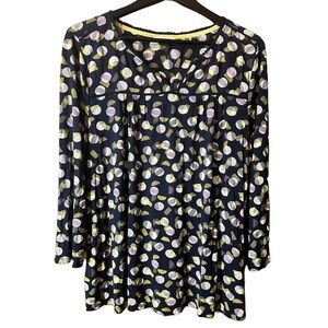 White Stuff Women’s Navy Blue & White Circle Mod Retro 3/4 Sleeve Boxy Top Sz XL